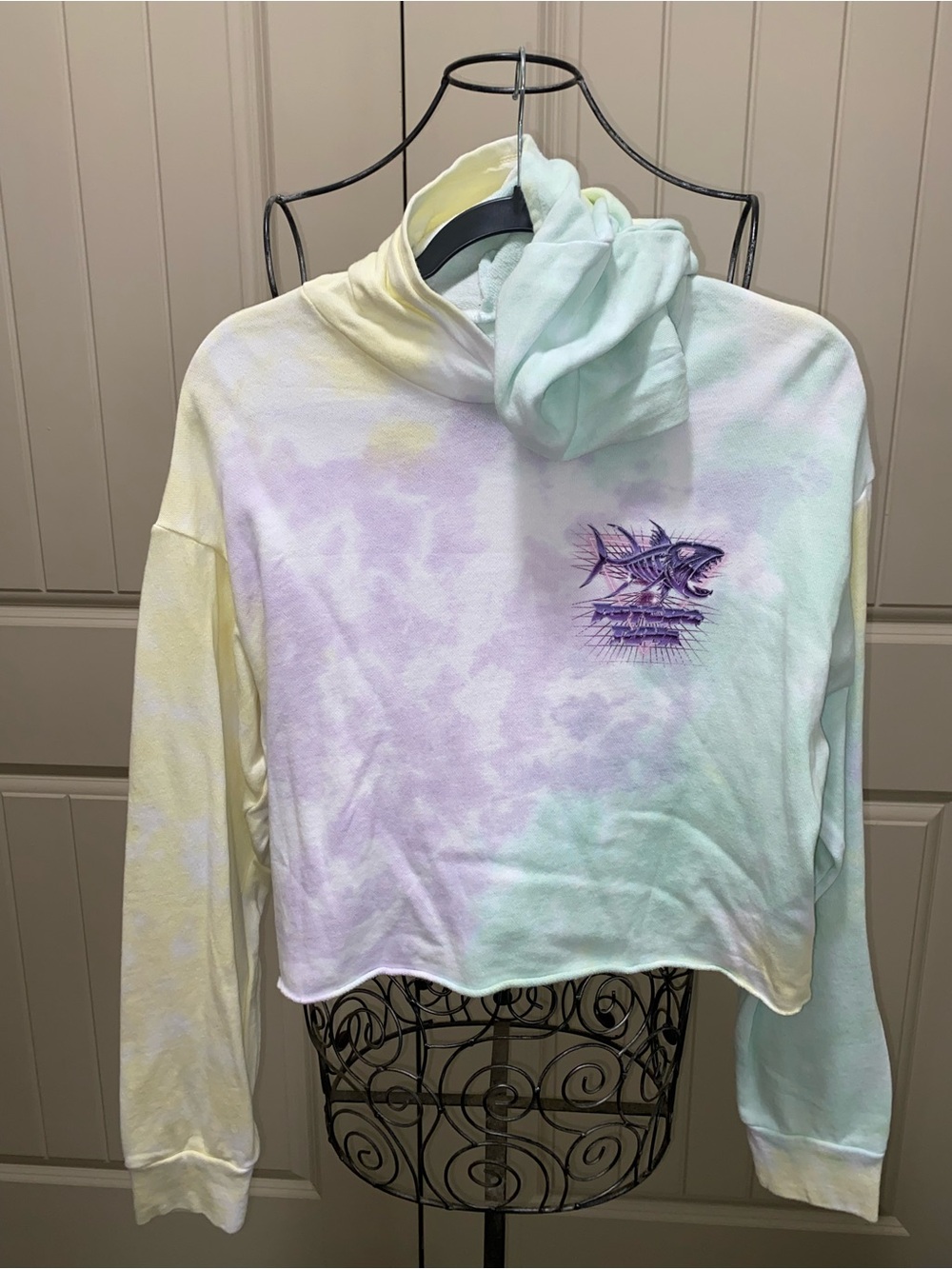 Pastel Tie-Dye Cropped Hoodie with Fish Graphic - Pastel Multi
